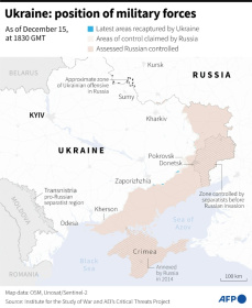 Map of areas controlled by Ukrainian and Russian forces in Ukraine, as of December 15, 1830 GMT Map of areas controlled by Ukrainian and Russian forces in Ukraine, as of December 15, 1830 GMT