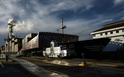 A cargo ship passes through the Miraflores locks on the Panama Canal A cargo ship passes through the Miraflores locks on the Panama Canal