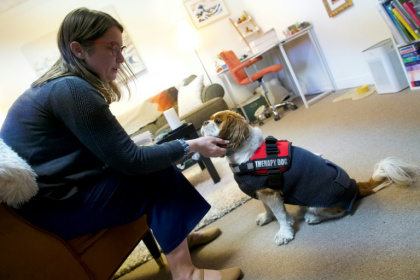 Sonnet Daymont uses her dog Mobius, a Cavalier King Charles spaniel who himself survived a wildfire, to help treat people who have experienced trauma Sonnet Daymont uses her dog Mobius, a Cavalier King Charles spaniel who himself survived a wildfire, to help treat people who have experienced trauma
