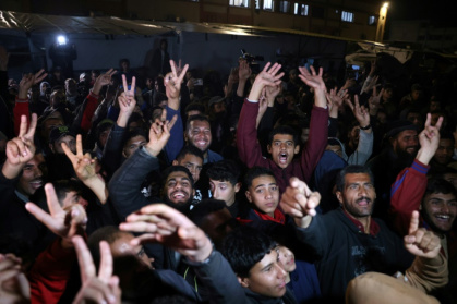 People in southern Gaza celebrate the announcement of a deal to end the 15-month war with Israel People in southern Gaza celebrate the announcement of a deal to end the 15-month war with Israel