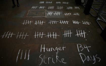The count of Laila Soueif's hunger strike days chalked on the ground outside the gates of Downing Street The count of Laila Soueif's hunger strike days chalked on the ground outside the gates of Downing Street