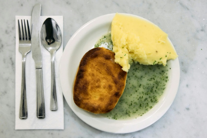 A typical portion of pie and mash A typical portion of pie and mash