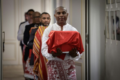 This is the first time France has returned human remains under the law passed in 2023 - STEPHANE DE SAKUTIN (AFP) This is the first time France has returned human remains under the law passed in 2023 - STEPHANE DE SAKUTIN (AFP)