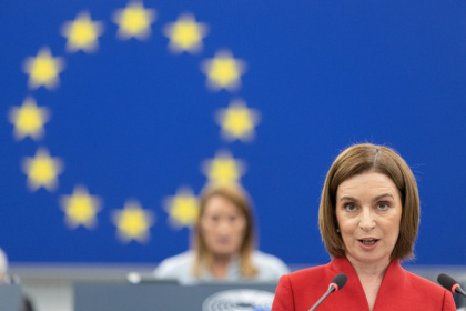 Moldova's President Maia Sandu is seeking membership in the European Union for her country, and accuses Russia of meddling in elections - ROMEO BOETZLE (AFP)