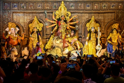 The 10-day Durga Puja celebrates the Hindu goddess Durga and her victory over a demon buffalo - Dibyangshu SARKAR (AFP)