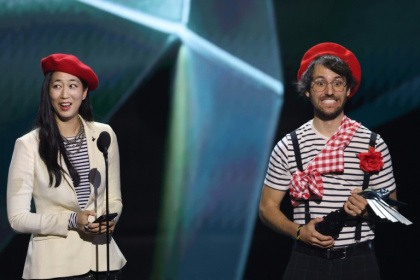 Jennifer Svedberg Yen (L) and Guillaume Broche, creators of the video game 'Clair Obscur: Expedition 33' along with the rest of their team attended the Game Awards wearing red berets from a character outfit available to players - Michael Tran (AFP)