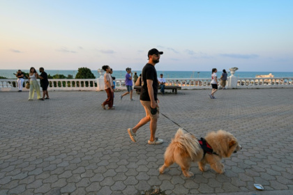 A Tunisian man walks his dog in La Marsa near Tunis on July 28, 2026. - FETHI BELAID (AFP)