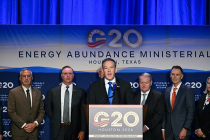US Administrator of the Environmental Protection Agency (EPA) Lee Zeldin (center) announced Washington has scrapped limits on carbon pollution during a G20 Ministerial meeting on Energy Abundance in Houston, Texas - RONALDO SCHEMIDT (AFP)
